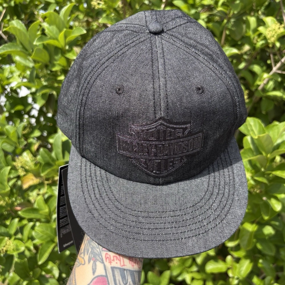 Harley Davidson Black Denim SnapBack Hat Cap Flat Brim Logo Cotton Authentic NWT - Picture 2 of 4